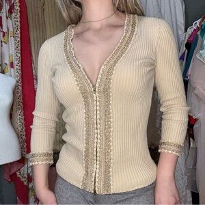 Cache Beige Ribbed Knit with Lace Detail
